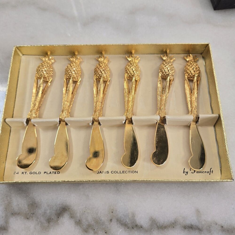 Vintage Janis Collection 24K Gold Plated Pineapple Hors d’oeuvres Knives Set 6